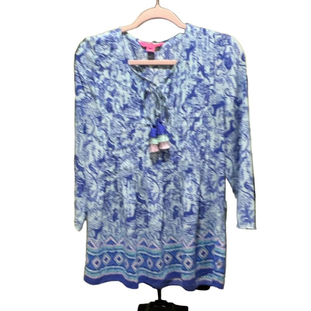 Lilly Pulitzer Marilina Tunic Top M Blue Pink Green Animal Print V-Neck 3/4